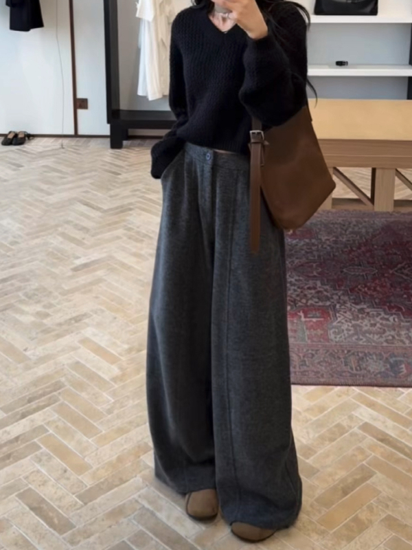 Ženske casual hlače s širokim krojem, visokim strukom, 95% poliester, mikro-elastični materijal, bez glačanja, opuštena silueta, zimsko izdanje 2025