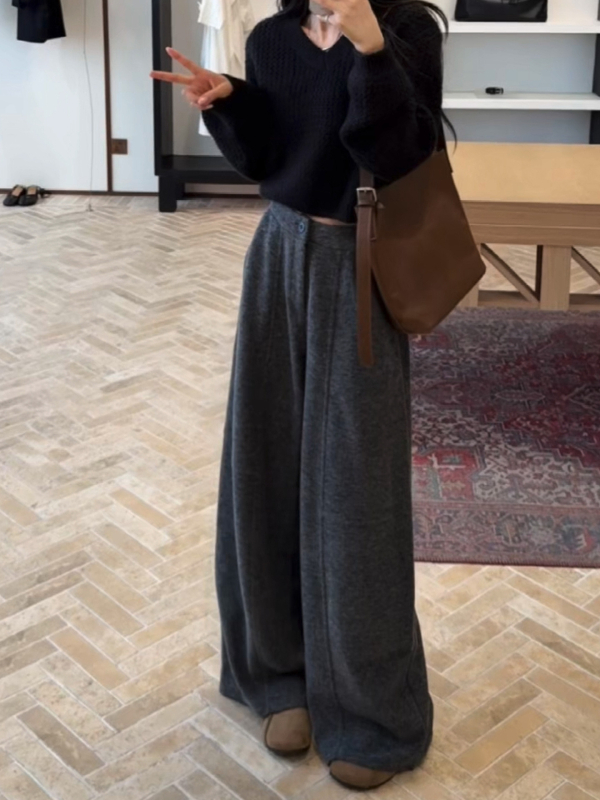 Ženske casual hlače s širokim krojem, visokim strukom, 95% poliester, mikro-elastični materijal, bez glačanja, opuštena silueta, zimsko izdanje 2025