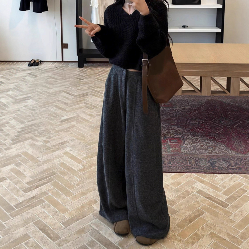 Ženske casual hlače s širokim krojem, visokim strukom, 95% poliester, mikro-elastični materijal, bez glačanja, opuštena silueta, zimsko izdanje 2025