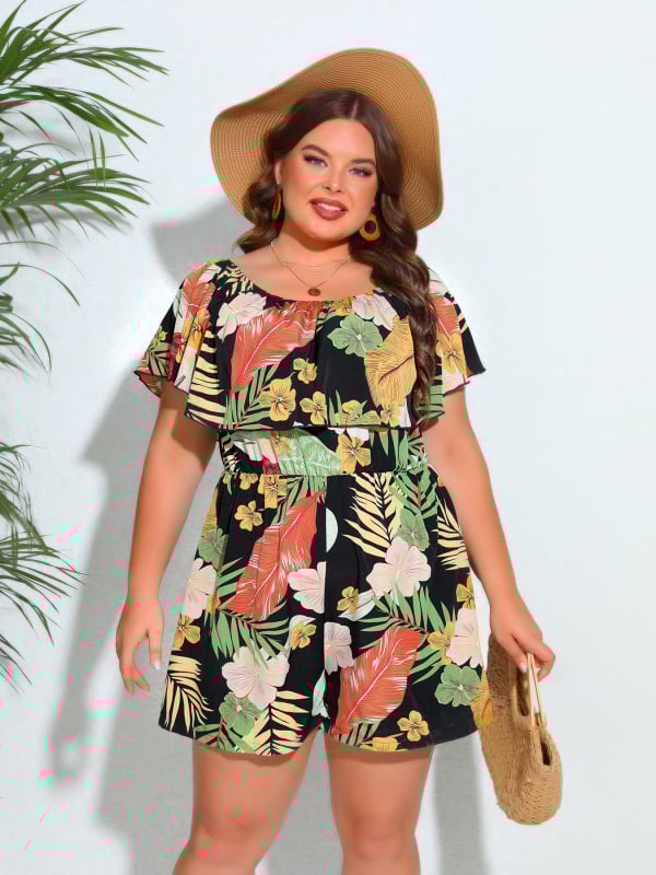 Kombinezon s cvjetnim uzorkom i jednim ramenom, naglašenim strukom, poliester 95%+, street hipster stil, ljeto 2025, široke hlače