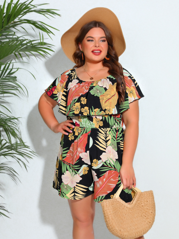 Kombinezon s cvjetnim uzorkom i jednim ramenom, naglašenim strukom, poliester 95%+, street hipster stil, ljeto 2025, široke hlače