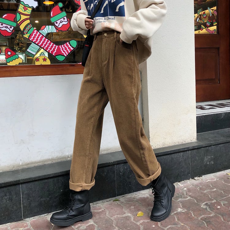 Kordurove casual hlače s elastičnim pojasom, korejski stil ravnih krojeva, pamuk-spandeks smjesa