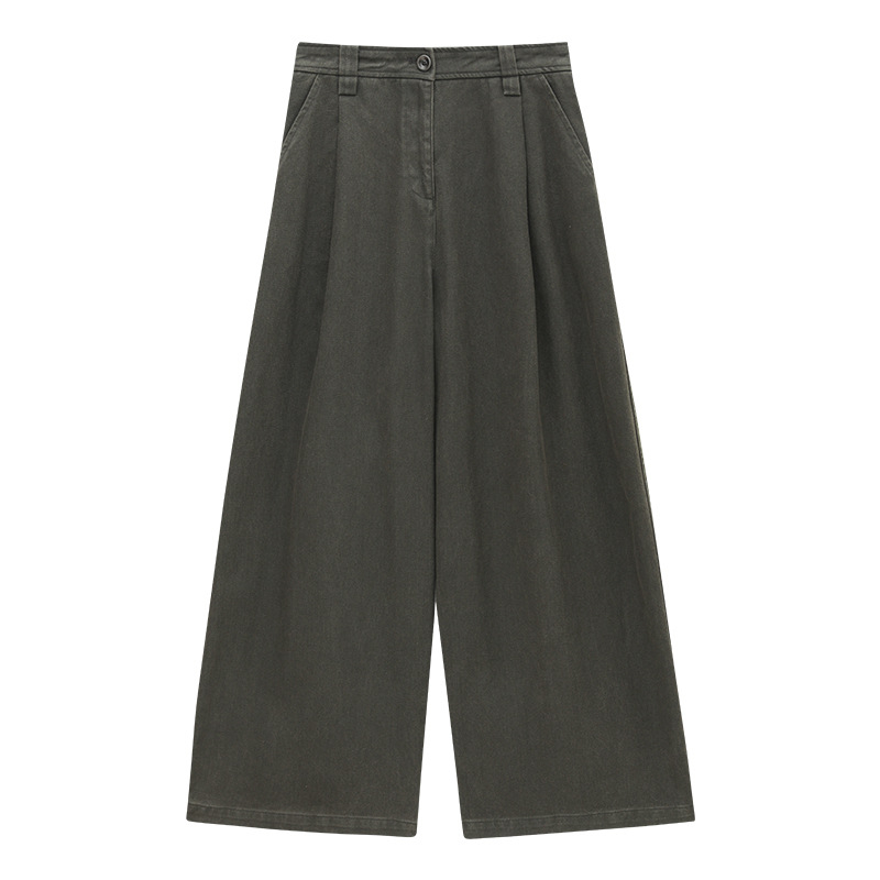 Damske casual hlače od pamuka s visokim strukom, opušteni kroj, distressed pranje, dužina do poda, jesen 2025, japansko-korejski ležerni stil