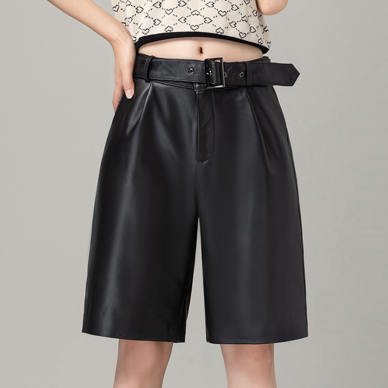 Női capri nadrág valódi bőrből – magas derék, egyenes szabás, hossz fél lábszárig, juhbőr, hétköznapi stílus