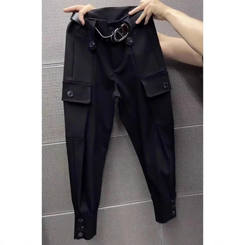 Ženske poslovne hlače, stil overal s džepovima, duljina 9/10, tkanina pamuk i lan, mikroelastičnost (Zima 2023)