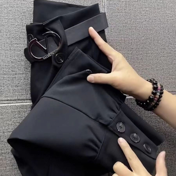 Ženske poslovne hlače, stil overal s džepovima, duljina 9/10, tkanina pamuk i lan, mikroelastičnost (Zima 2023)