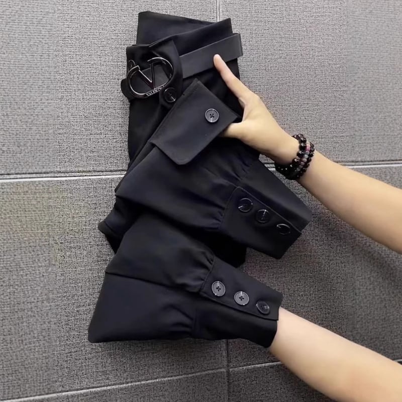 Ženske poslovne hlače, stil overal s džepovima, duljina 9/10, tkanina pamuk i lan, mikroelastičnost (Zima 2023)