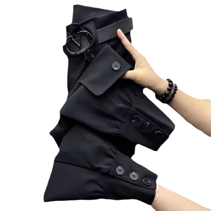 Ženske poslovne hlače, stil overal s džepovima, duljina 9/10, tkanina pamuk i lan, mikroelastičnost (Zima 2023)