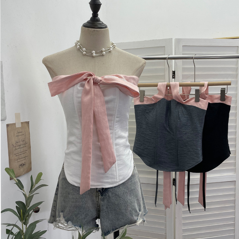 Jednodelni top bez ramena s mašnicom, poliester, usklađenih boja, uski kroj