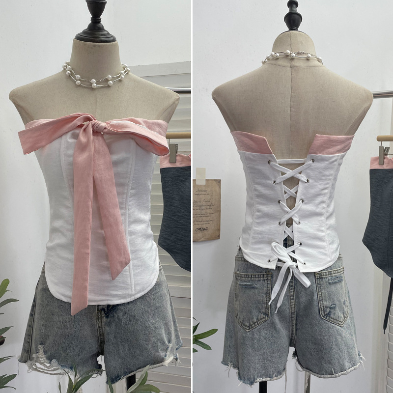 Jednodelni top bez ramena s mašnicom, poliester, usklađenih boja, uski kroj