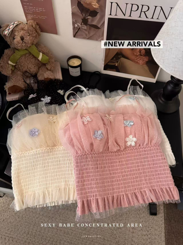 Ženski ljetni top s blistavim mrežastim patchworkom, naramenice, kratka linija, floralni uzorak, mješavina najlona i spandeksa