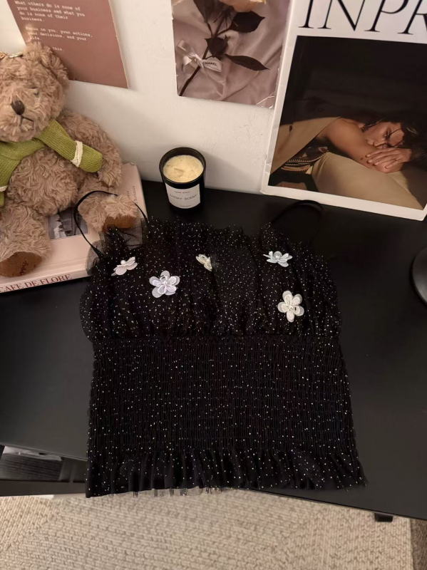 Ženski ljetni top s blistavim mrežastim patchworkom, naramenice, kratka linija, floralni uzorak, mješavina najlona i spandeksa