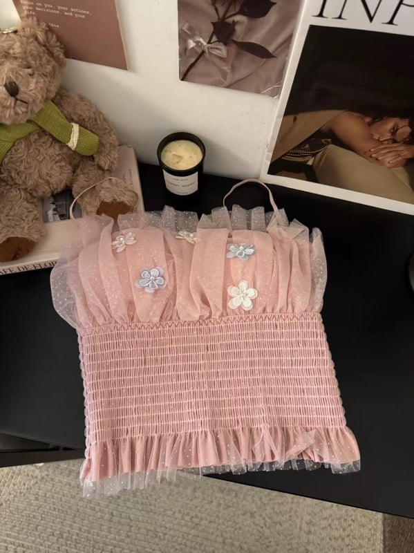 Ženski ljetni top s blistavim mrežastim patchworkom, naramenice, kratka linija, floralni uzorak, mješavina najlona i spandeksa