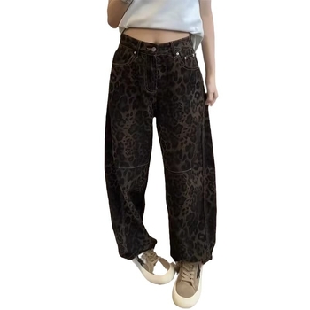 Ženske hlače s leopard printom, poliester + spandex, srednji pojas, ravni kroj, japansko-korejski opušten stil