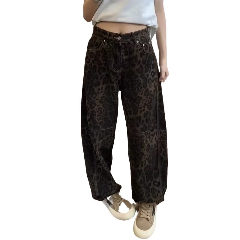 Ženske hlače s leopard printom, poliester + spandex, srednji pojas, ravni kroj, japansko-korejski opušten stil