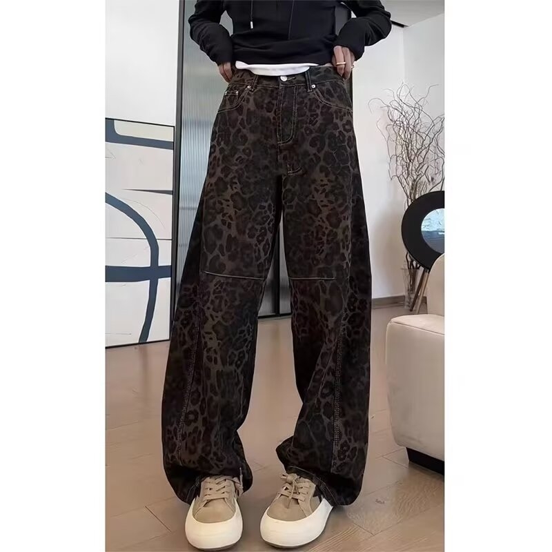 Ženske hlače s leopard printom, poliester + spandex, srednji pojas, ravni kroj, japansko-korejski opušten stil
