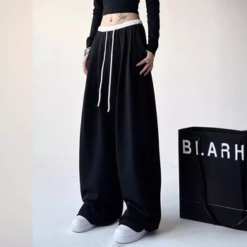 Ženske hlače širokih nogavica, uličnog stila, podesiva struka, poliestersko-elastanska mješavina, ljeto 2024