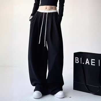 Ženske hlače širokih nogavica, uličnog stila, podesiva struka, poliestersko-elastanska mješavina, ljeto 2024