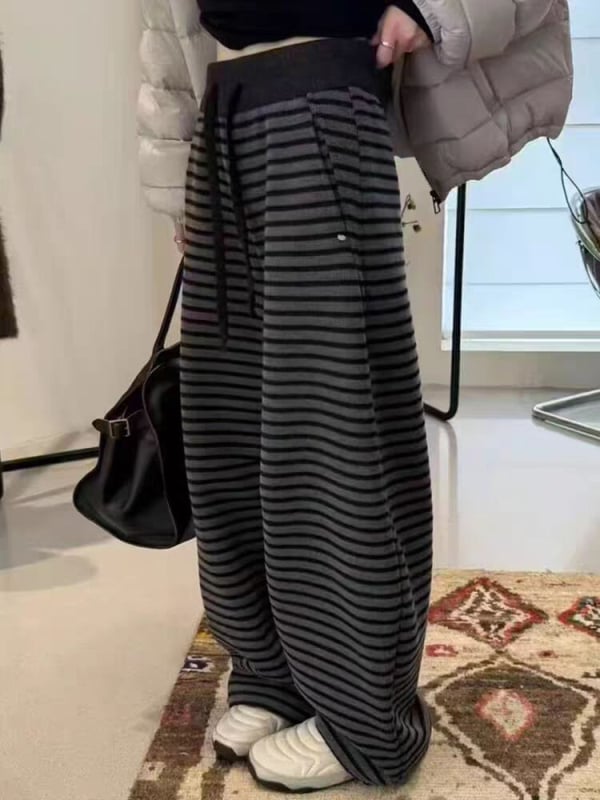 Ženske hlače u europskom stilu s prugama, ravno- i široko-sna kroj, visokim strukom, debeli materijal od poliestera i elastana, mikroelastičnost, bez peglanja, zima 2025