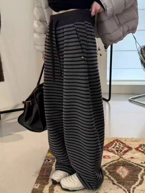 Ženske hlače u europskom stilu s prugama, ravno- i široko-sna kroj, visokim strukom, debeli materijal od poliestera i elastana, mikroelastičnost, bez peglanja, zima 2025
