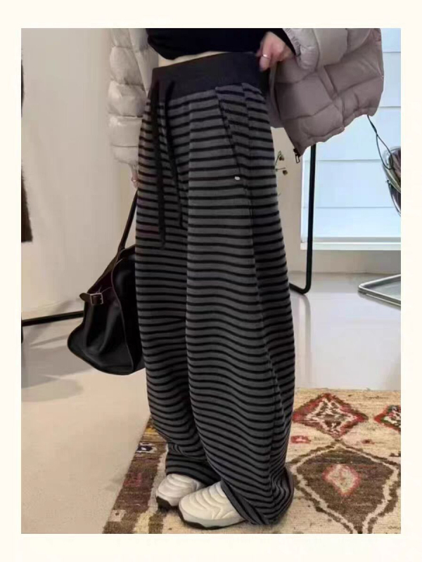 Ženske hlače u europskom stilu s prugama, ravno- i široko-sna kroj, visokim strukom, debeli materijal od poliestera i elastana, mikroelastičnost, bez peglanja, zima 2025