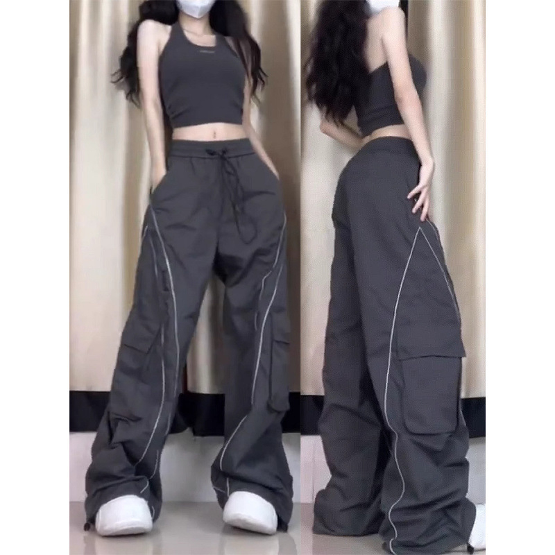 Ženske široke hlače za svakodnevno nošenje, visok pojas, Oxford tkanina, poliesterska smjesa, detalj smockinga