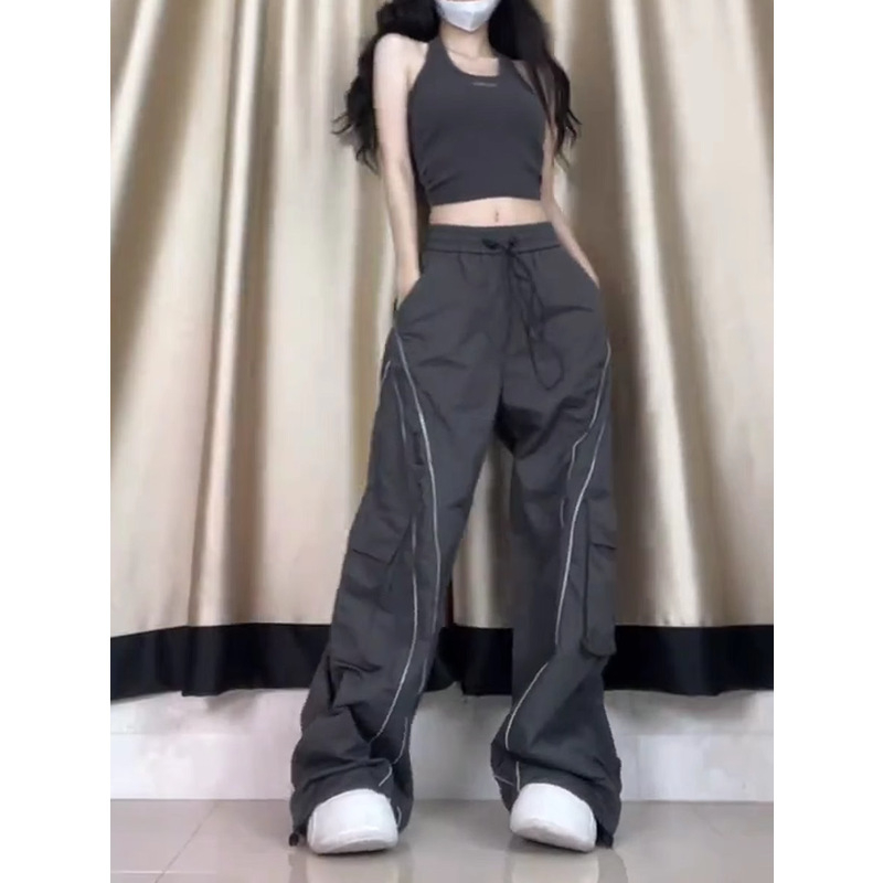 Ženske široke hlače za svakodnevno nošenje, visok pojas, Oxford tkanina, poliesterska smjesa, detalj smockinga