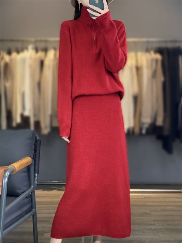 Ženski dvostruki pleteni kostim: midi suknja i pulover s poluvisokim ovratnikom; dizajn kolaž/šivanje; jesen 2024, japansko-korejski casual stil