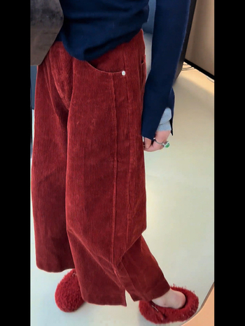 Corduroy ženske široke hlače - visok struk, debeli materijal, jesen 2025
