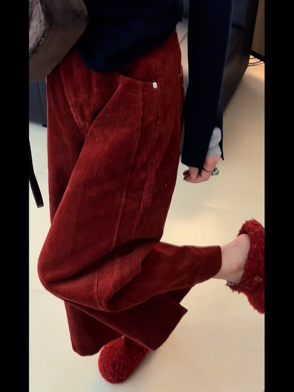 Corduroy ženske široke hlače - visok struk, debeli materijal, jesen 2025