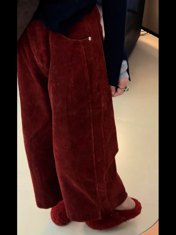 Corduroy ženske široke hlače - visok struk, debeli materijal, jesen 2025