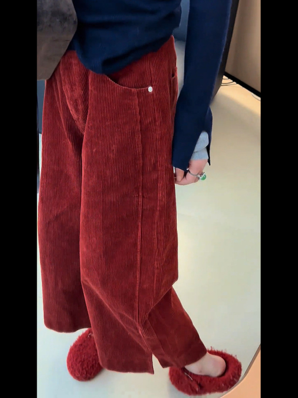 Corduroy ženske široke hlače - visok struk, debeli materijal, jesen 2025