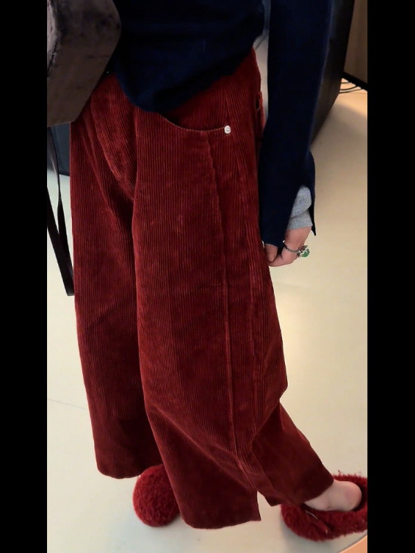 Corduroy ženske široke hlače - visok struk, debeli materijal, jesen 2025