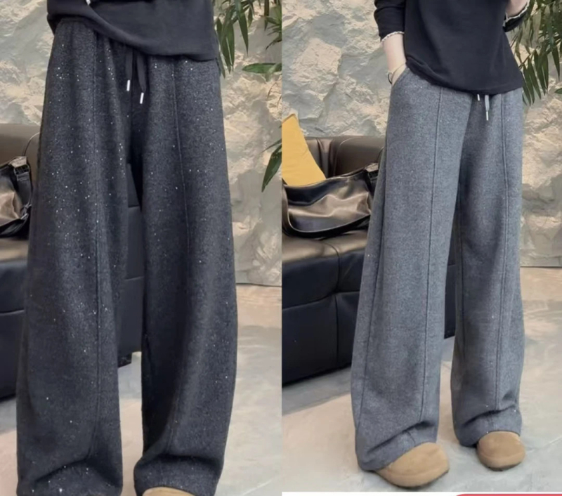 Ženske hlače ravnog kroja u korejskom stilu, debeli i sjajni kristali, poliester tkanina, 90–95% poliester, ravne nogavice, casual retro stil za jesen/zimu