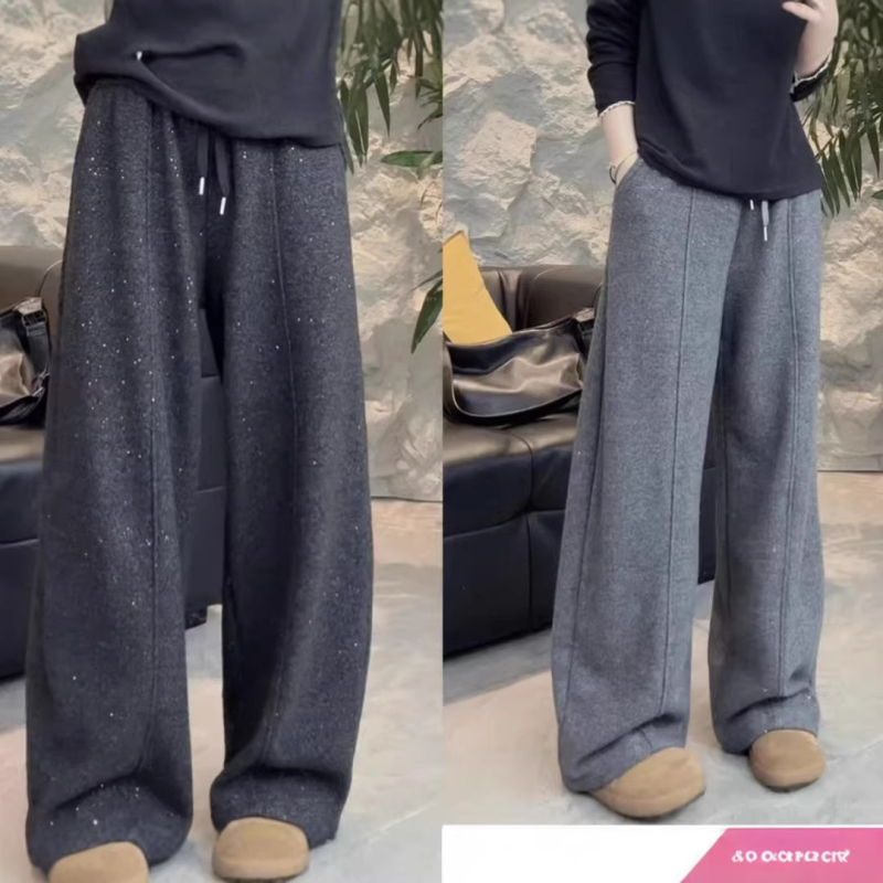 Ženske hlače ravnog kroja u korejskom stilu, debeli i sjajni kristali, poliester tkanina, 90–95% poliester, ravne nogavice, casual retro stil za jesen/zimu