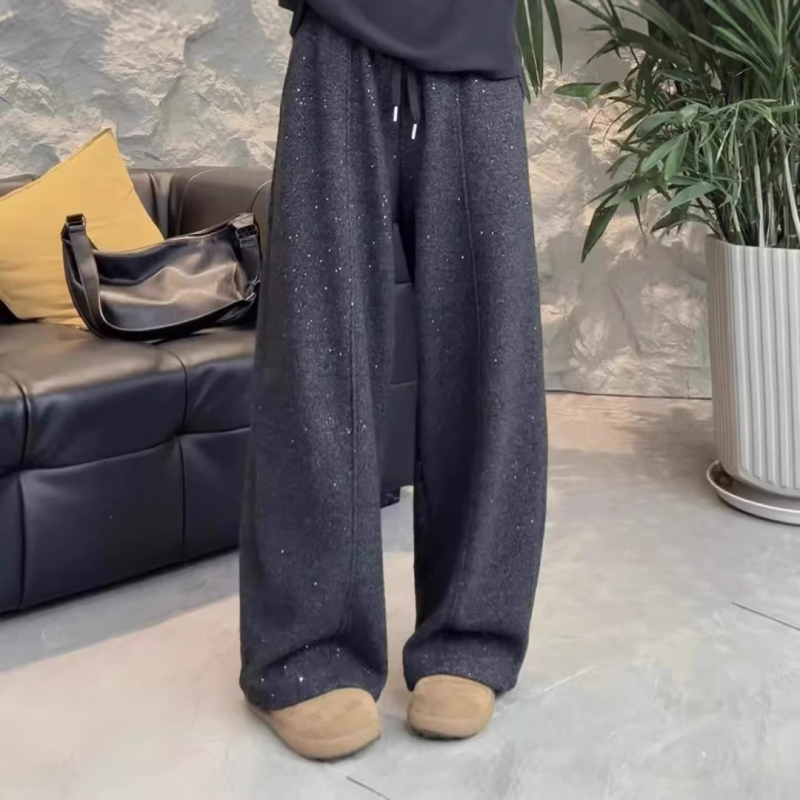 Ženske hlače ravnog kroja u korejskom stilu, debeli i sjajni kristali, poliester tkanina, 90–95% poliester, ravne nogavice, casual retro stil za jesen/zimu