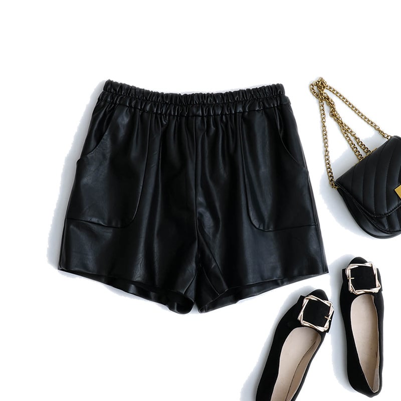 Ženske PU kožne šorceve s elastičnim pojasom, džepovi, srednji pojas, ravni kroj, seksi stil