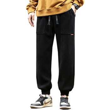 Pantaloni sport casual corduroy, căptușiți cu fleece, groși pentru iarnă, talie medie, glezna legata, detaliu buzunare, 100% poliester, non-iron