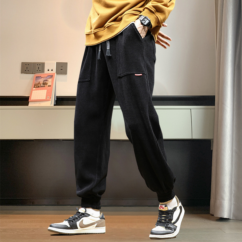 Pantaloni sport casual corduroy, căptușiți cu fleece, groși pentru iarnă, talie medie, glezna legata, detaliu buzunare, 100% poliester, non-iron