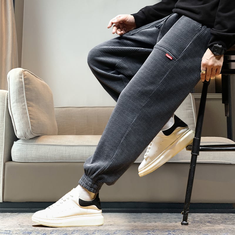 Pantaloni sport casual corduroy, căptușiți cu fleece, groși pentru iarnă, talie medie, glezna legata, detaliu buzunare, 100% poliester, non-iron