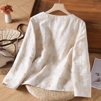 Женски жакардов топ, рамие плат, флорален растителен принт, дълги ръкави, свободна кройка