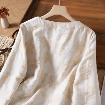 Женски жакардов топ, рамие плат, флорален растителен принт, дълги ръкави, свободна кройка