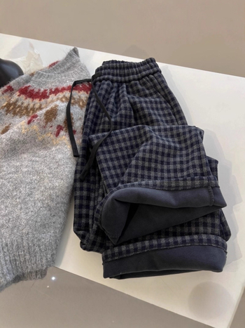 Ženske široke hlače s kariranim uzorkom, casual stil, zima, s flisom iznutra