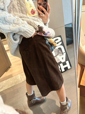 Corduroy straight casual pants, women's wide-leg five-quarter length, high-waist, autumn 2025