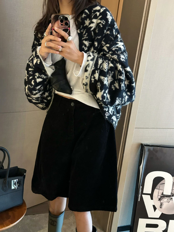 Corduroy straight casual pants, women's wide-leg five-quarter length, high-waist, autumn 2025