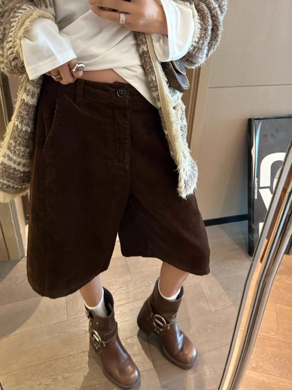Corduroy straight casual pants, women's wide-leg five-quarter length, high-waist, autumn 2025