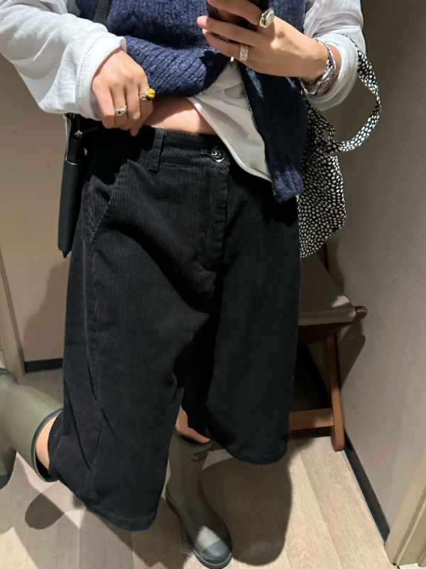 Corduroy straight casual pants, women's wide-leg five-quarter length, high-waist, autumn 2025