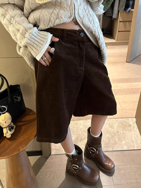 Corduroy straight casual pants, women's wide-leg five-quarter length, high-waist, autumn 2025