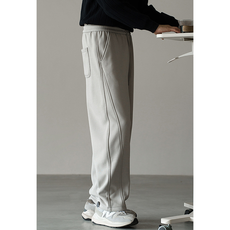 Pantaloni bărbați în stil scimitar, cu elasticitate ridicată, căptușiți cu fleece, grosi pentru iarnă, croială dreaptă, talie medie, închidere cu șiret, amestec bumbac-poliester-elastan