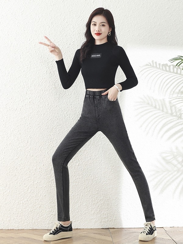 Ženske uske hlače visokog struka od pamuka i elastana, srednje debljine, kroj olovka